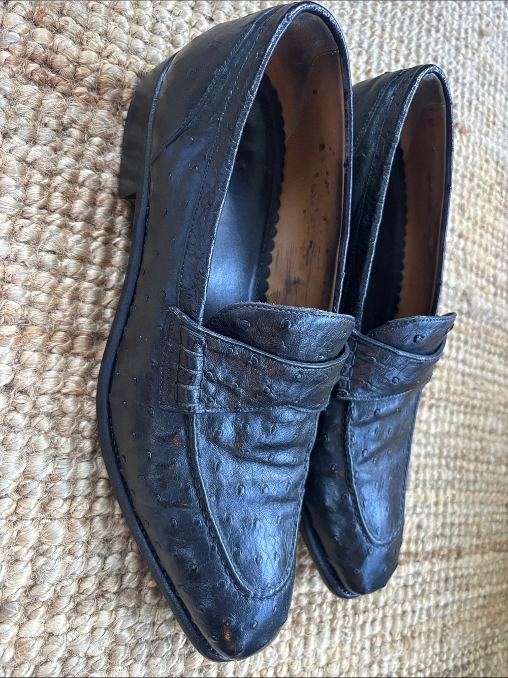 Ermenegildo Zegna Black Men’s Ostrich Leather Penny Loafers